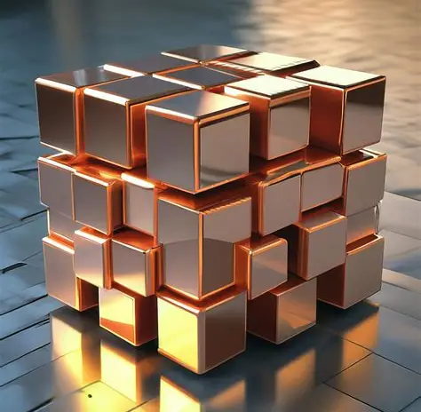 An abstract copper cube assembled from individual architectural blocks.